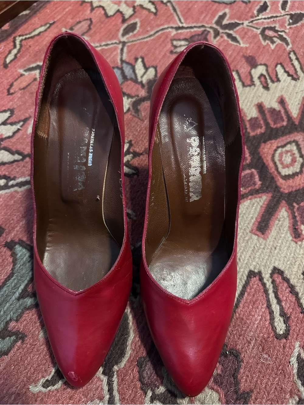 Vintage  Red Leather Pointed-Toe Pumps - Picture 2 of 5